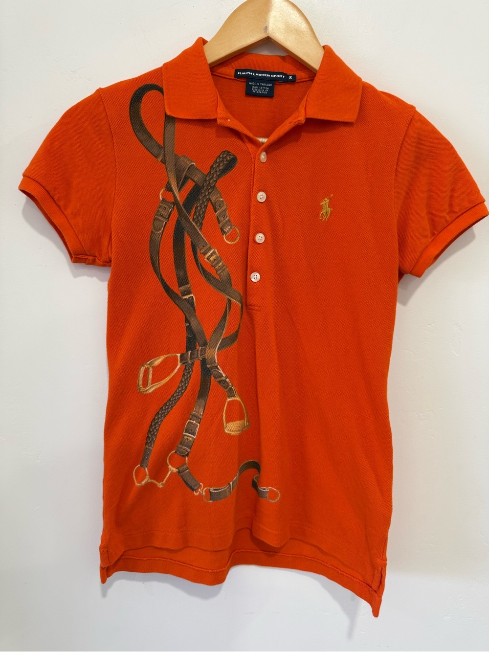 Ralph Lauren Sport Women’s Orange Polo Shirt Equestrian Saddle Bridle Graphics